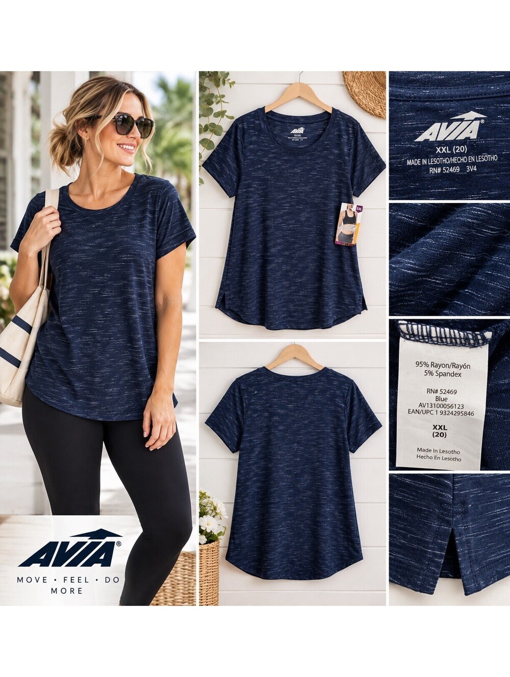 Avia Women’s XXL 20 Navy Heather Activewear Top NWT Rayon Stretch Workout Shirt